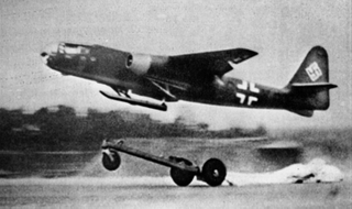 An early Ar 234 taking off from a rolling sled. Production aircraft used a tricycle landing gear. (Author unknown)